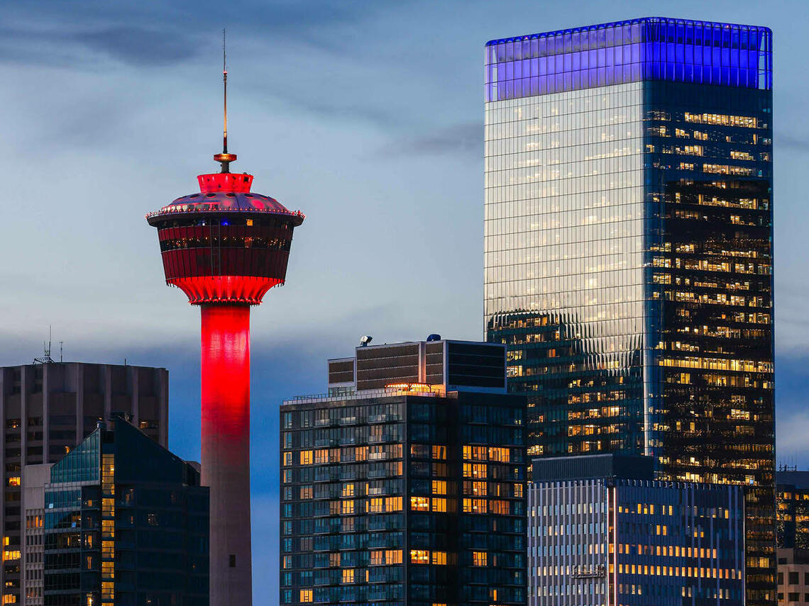 The Calgary Tower lightshow shines in honour of UCalgary convocation on May 30, 2024.