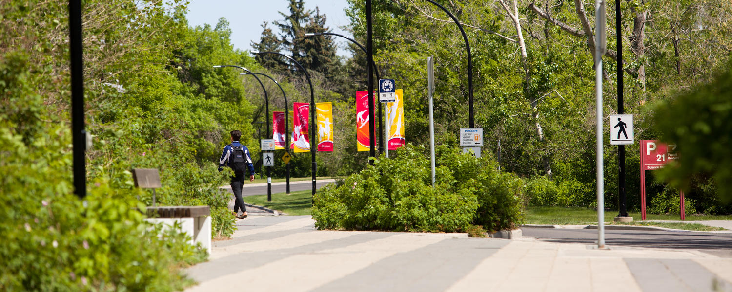 student walking across campus in the summer