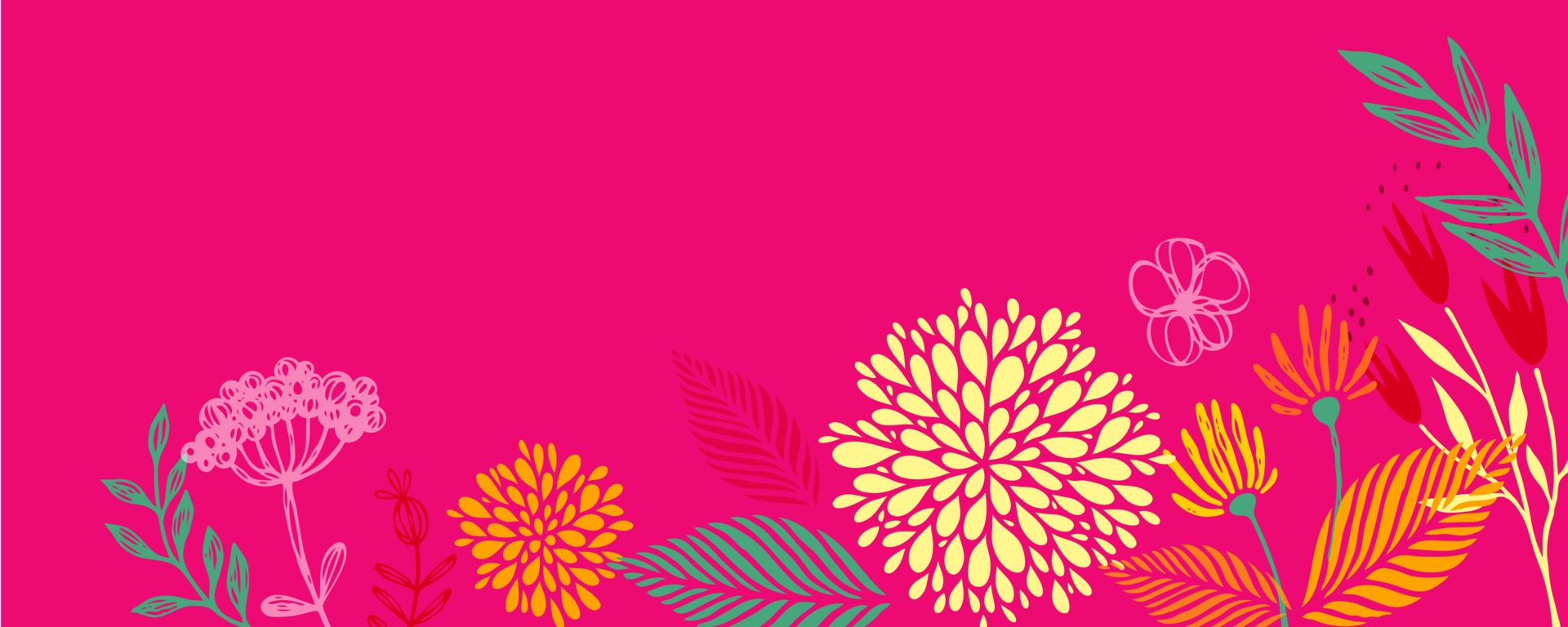 Various flower illustrations on a pink background.