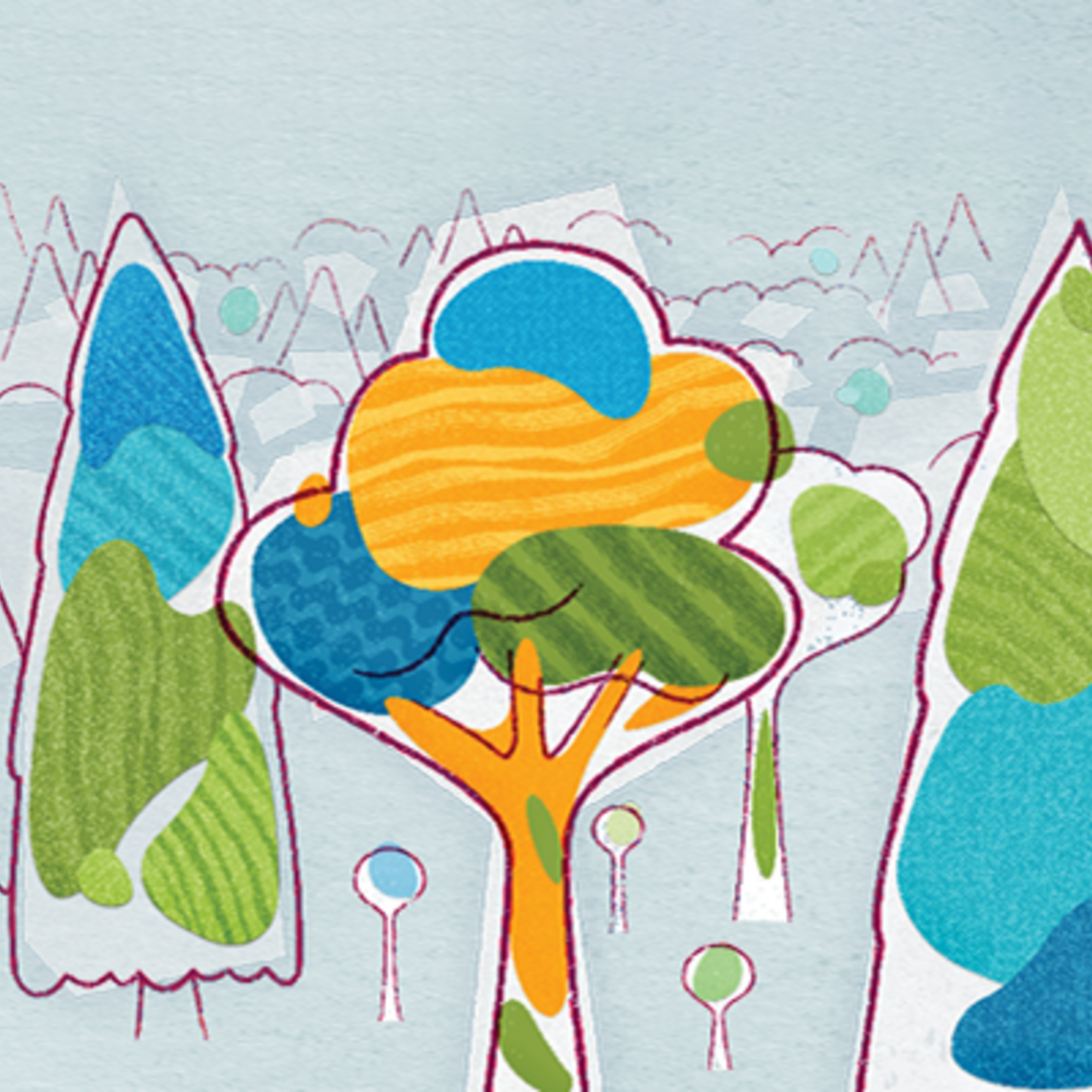 A colourful cluster of illustrated trees.