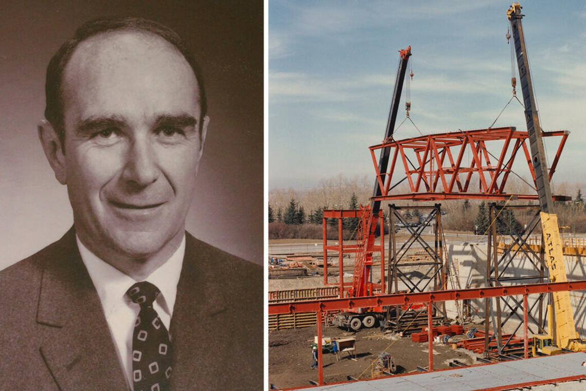 Jack Simpson, left. Construction of the Jack Simpson Gymnasium, part of the Faculty of Kinesiology expansion, began in 1985, right.