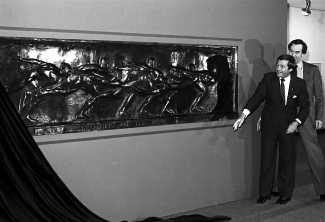 Unveiling of the 1925 bronze frieze Brothers of the Wind by Robert Tait McKenzie, which hangs in the main stairwell of the Olympic Oval lobby