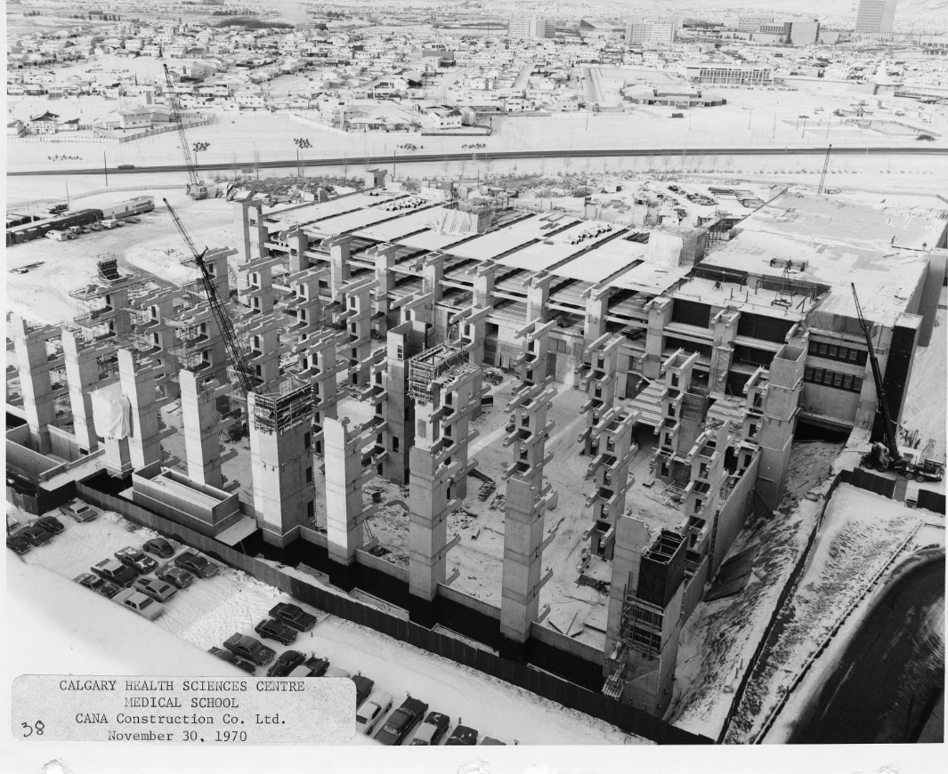 Calgary Health Sciences Centre, medical school: overhead views of foundation in process