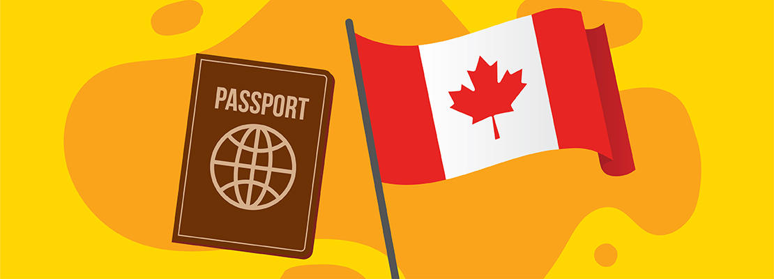 A passport displayed with the Canadian flag