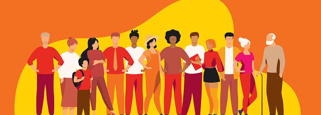 A group of people ranging from different ages and ethnicities against an orange background