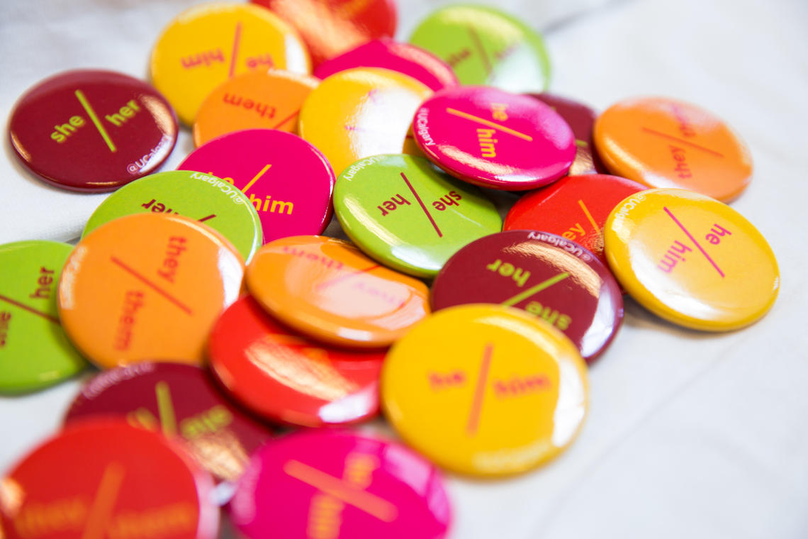 University of Calgary gender pronoun pins for Pride Week.