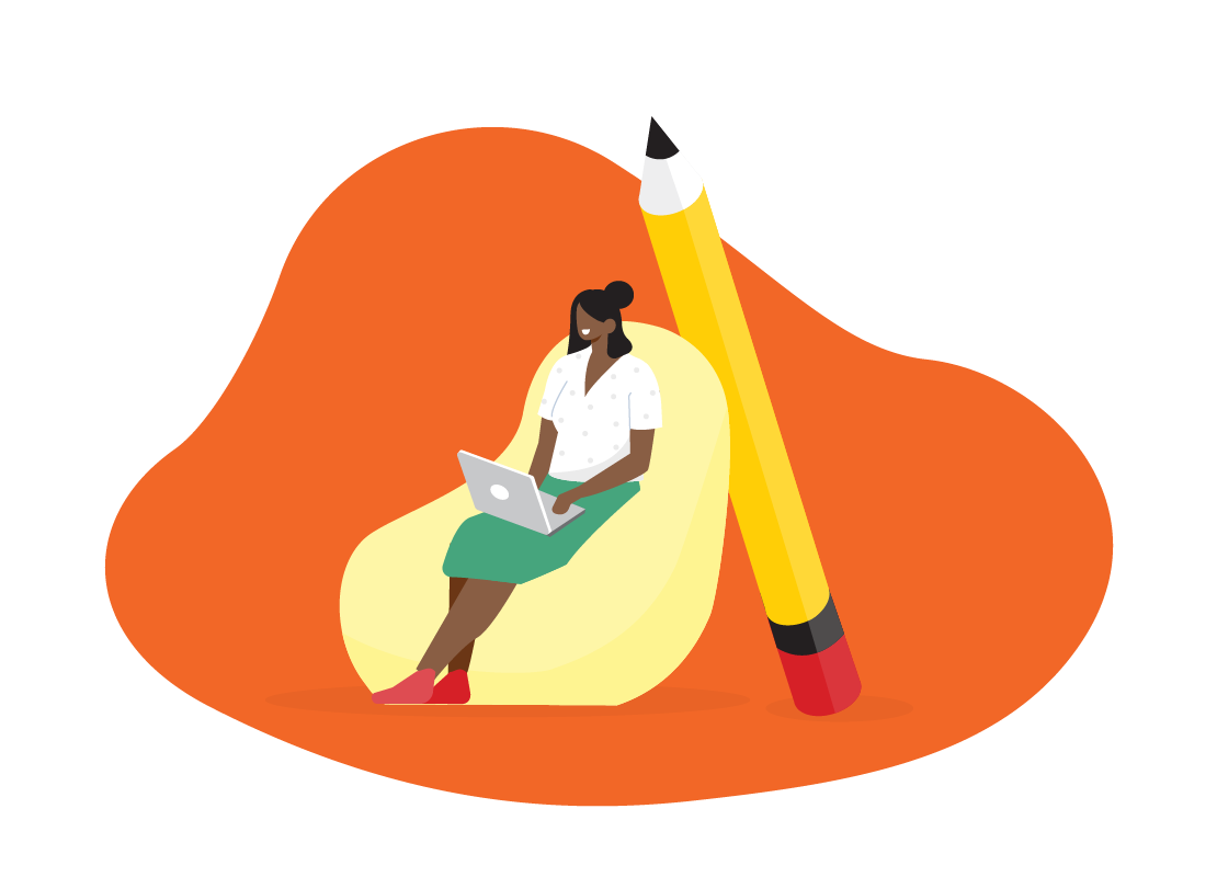 A person sits in a beanbag chair typing on a laptop. There is an oversized pencil behind them. 