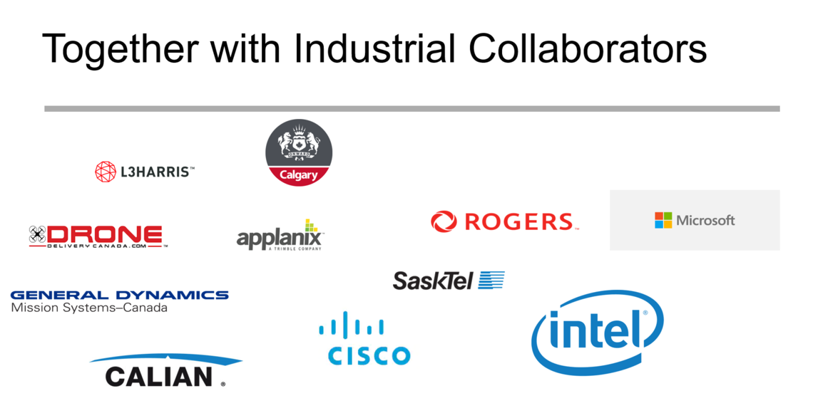 industry collaborators (L3Harris, City of Calgary, Drone Delivery Canada, Applanix, Roges, Microsoft, General-Dynamics Mission Systems Canada, Sasktel, Calian, Ciso, Intel