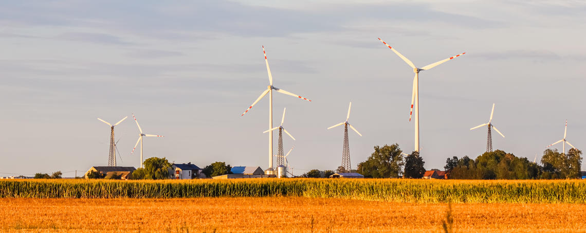 Wind farm in the field, wind turbines spin to generate electricity, alternative energy and green technology at sunset