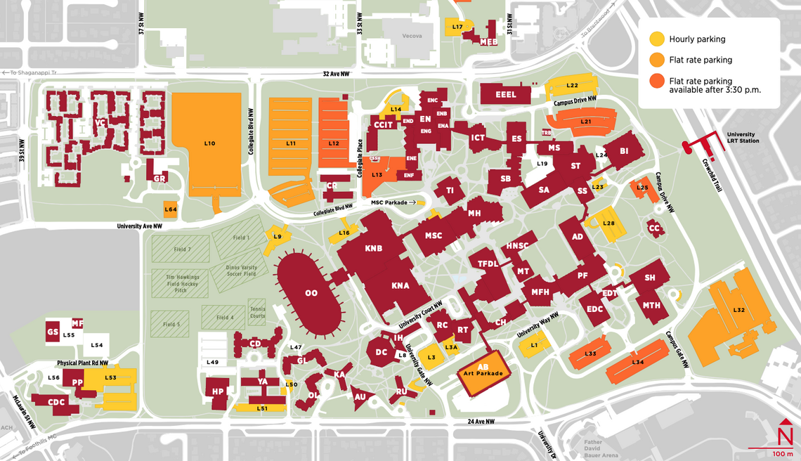 A portion of the map of main campus, showing roads, buildings, parking lots, and the c-train station