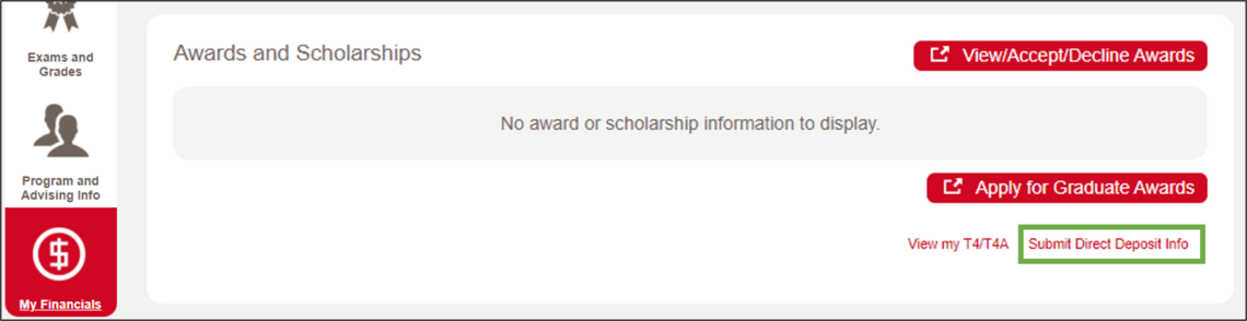 Image of Awards and Scholarships section of My Financials tab in my.ucalgary.ca student centre. 
