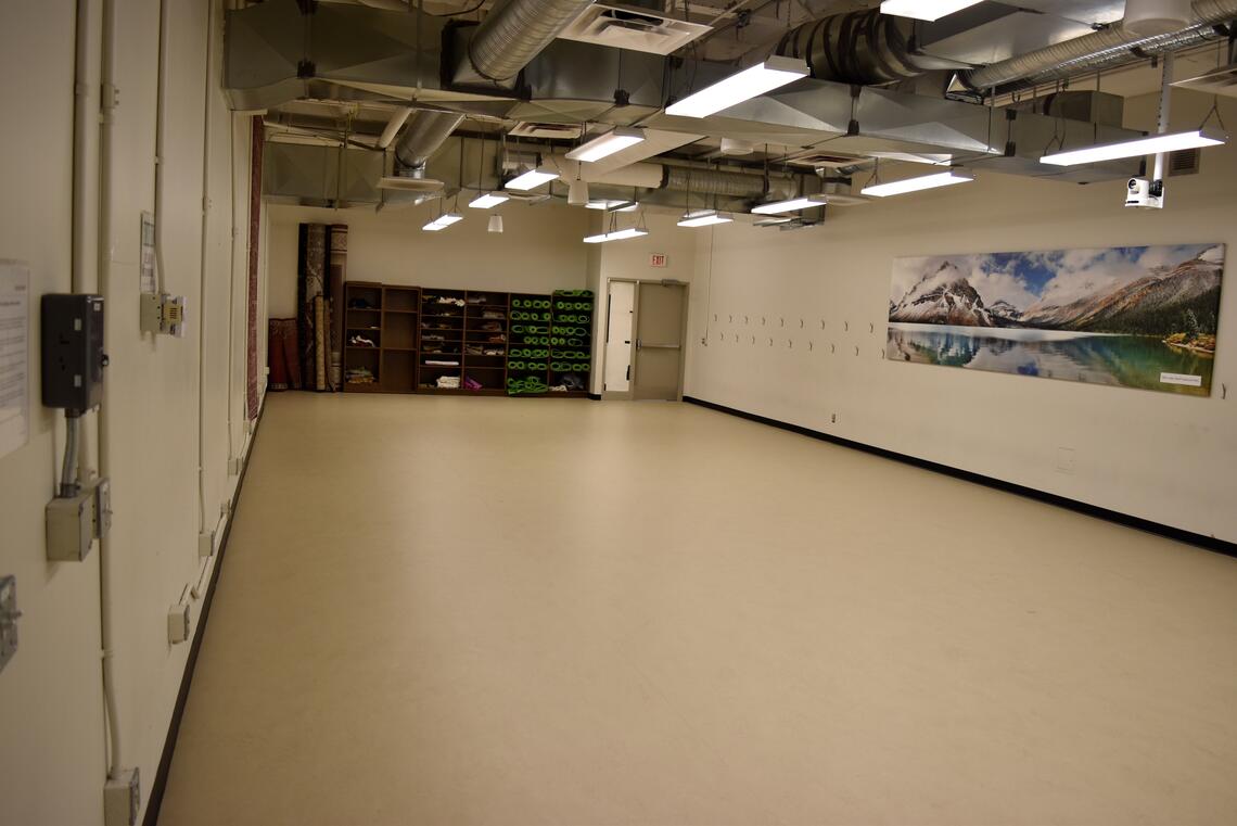 empty beige room with shelf of yoga mats and a large painting