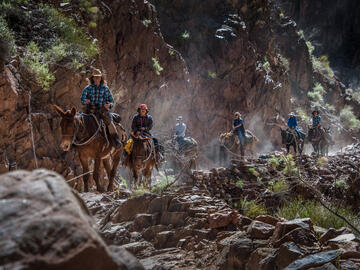 Horseback riders in a row around the edge of a dusty cliff
