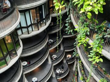 Looking down at tall tower of balconies with greenery draped over the railings