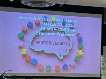 Neurodiversity Open House slide with colourful blocks surrounding a brain. 