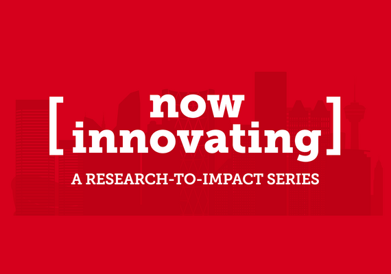 Red banner with graphic of Calgary skyline. Text that reads "Now Innovating: A research-to-impact series".