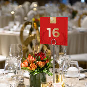 A red table number on a beautiful banquet table