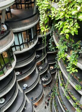 Looking down steep apartment buildings, with leafy green plants growing between the rounded balconies