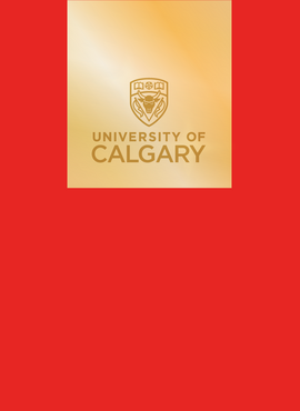 UCalgary logo in a gold frame on a red background