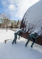 snowy campus sculpture