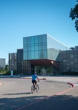 person riding their bicycle on main campus during summer