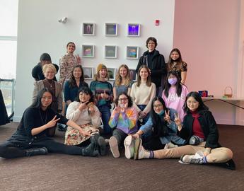 Jennifer Eiserman (Far Left, Second Row), YYC/LRT Principal Investigator with UCalgary Students at Opening of Kerby Centre Project exhibition.